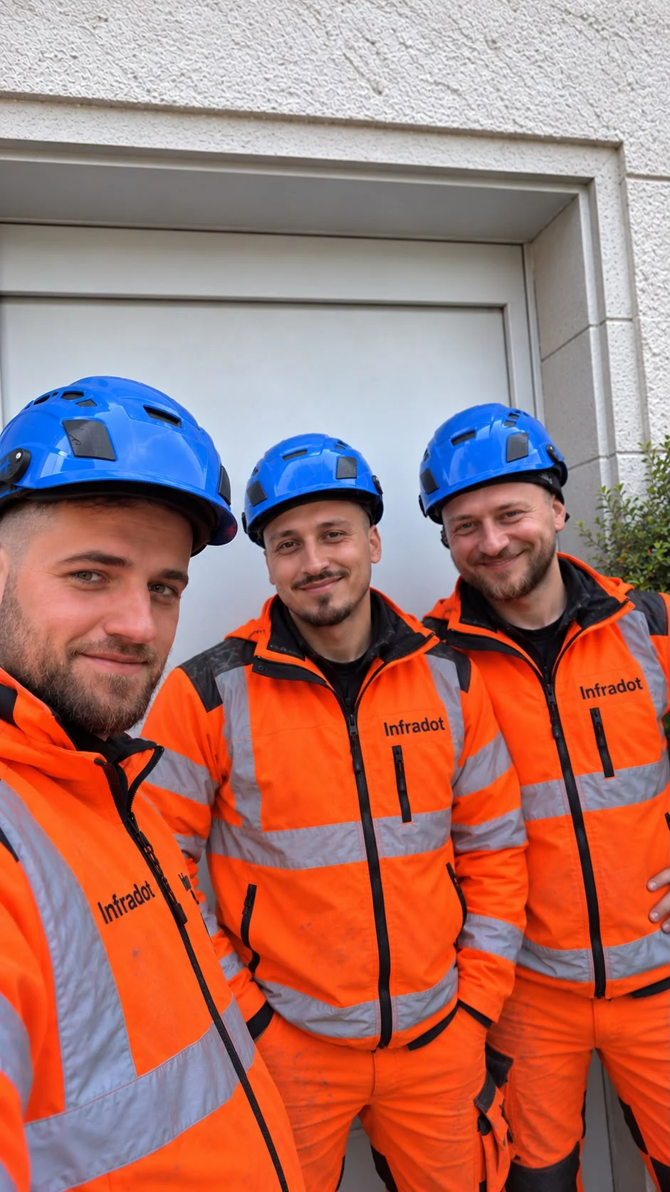 Drei InfraDot-Mitarbeiter in oranger Arbeitskleidung mit blauen Helmen vor einem Gebäude