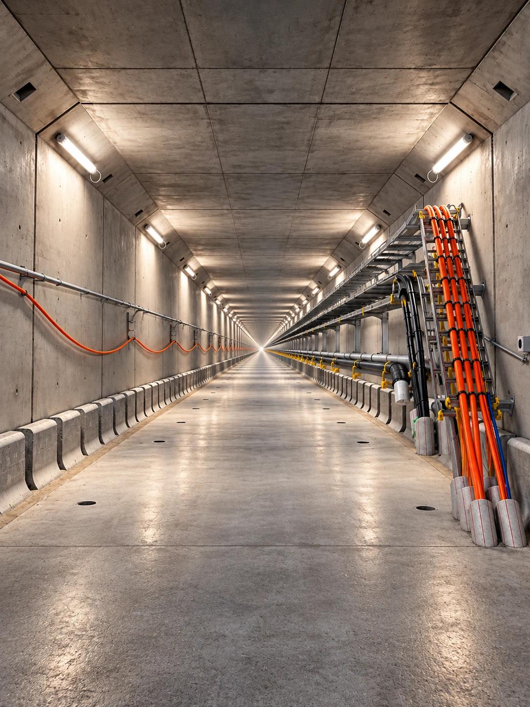 Infrastrukturtunnel mit Kabeltrassen und orangefarbenen Leitungen